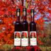 bottles of red maple wine in front of red maple tree