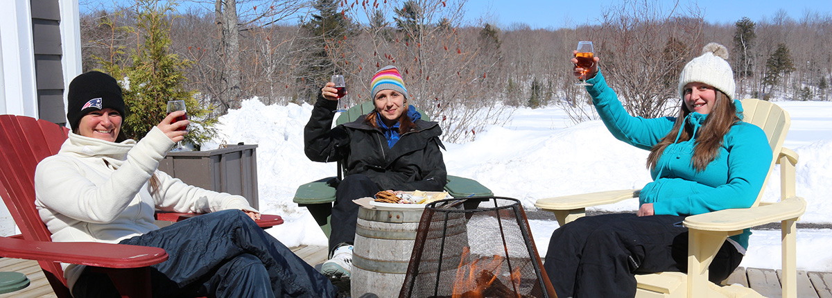 three women sitting in muskoka chairs raising wine glasses sitting by a fire on a sunny winter day