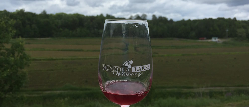 wine in Muskoka Lakes Winery glass being held up in front of the old marsh