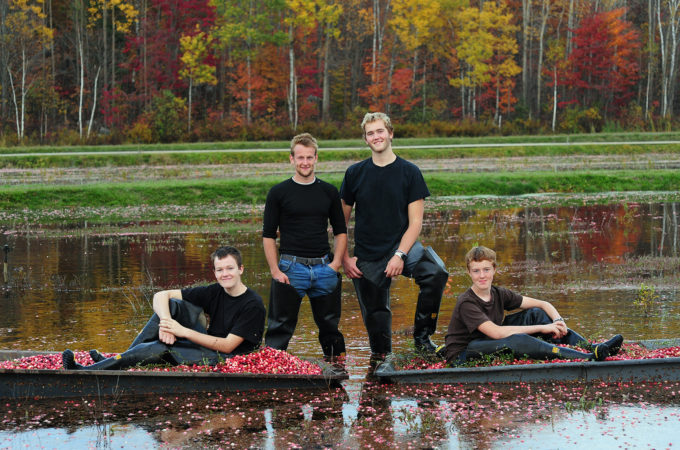 four young men standing on a flooded cranberry bed