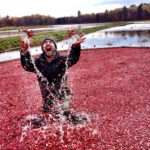 man throwing cranberries in the air standing in a flooded bed