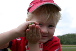 boy holding a frog between his hands