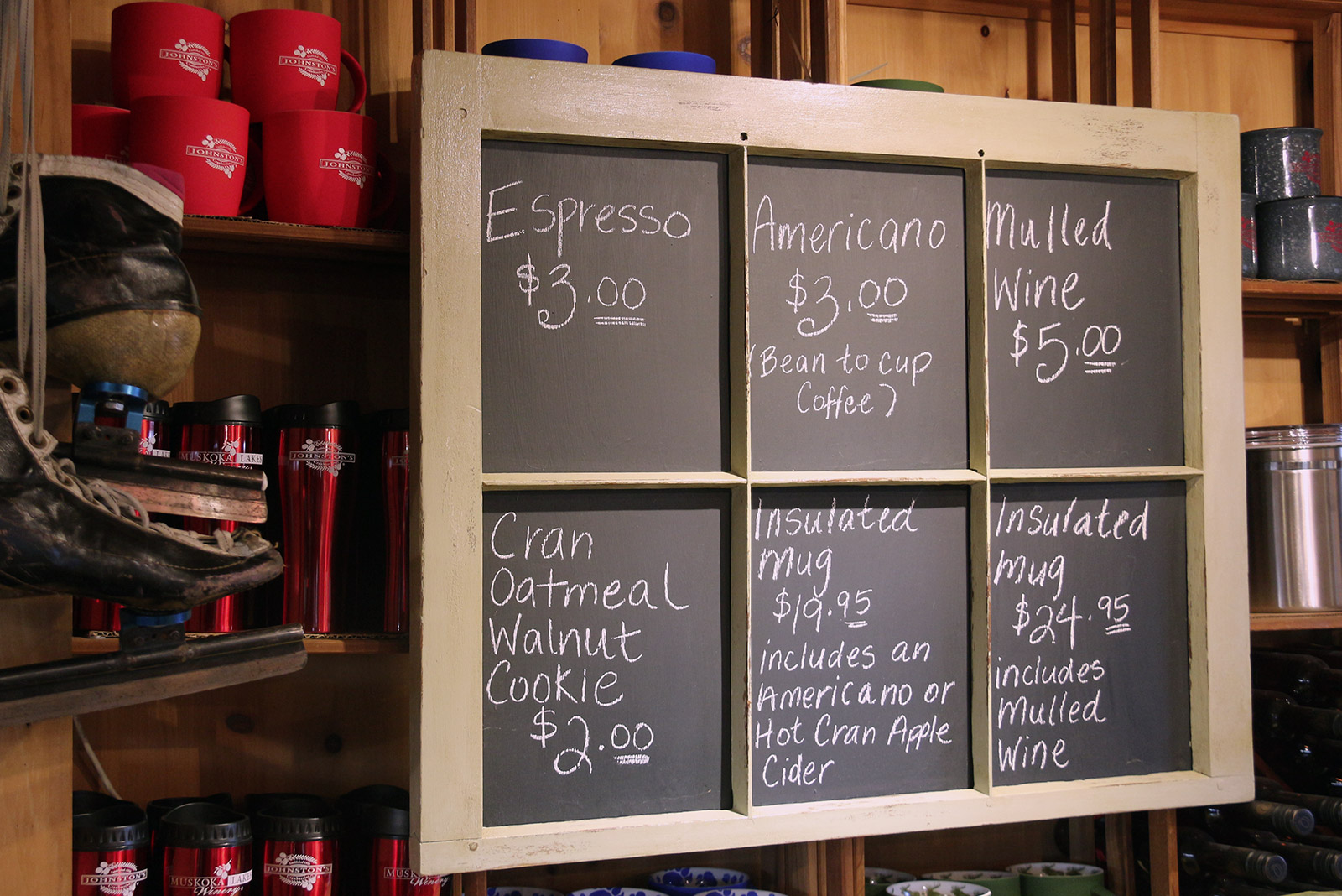 Coffee menu at Johnston's Cranberry Marsh & Muskoka Lakes Winery in Bala, Ontario