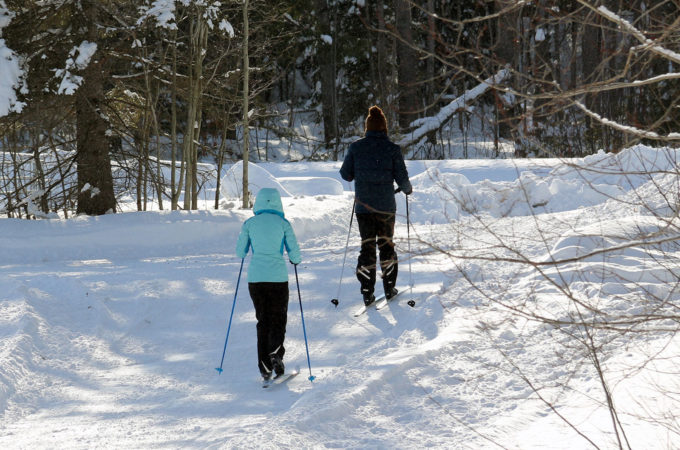 two people x-country skiing at Johnston's Cranberry Marsh in Bala, Muskoka, Ontario