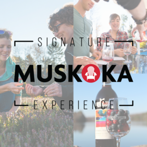 montage of wine tasting and tour guide showing visitor cranberries with Muskoka Signature Experience logo