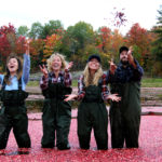 three women and a man laughing and throwing cranberries in the air