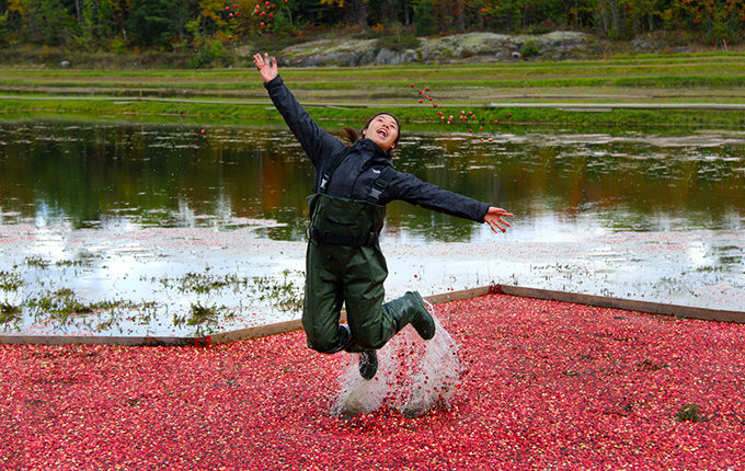 girl jumping out of floating cranberries