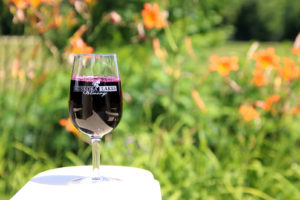 glass of muskoka lakes wine on the arm of a muskoka chair