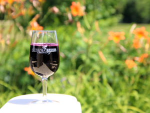 glass of muskoka lakes wine on the arm of a muskoka chair