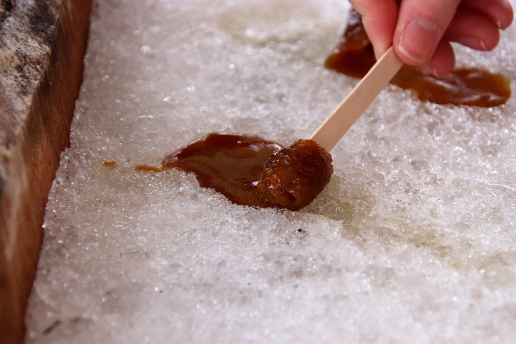 rolling up maple taffy on snow