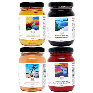 bottles of four different wine jellies from muskoka lakes farm and winery