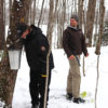 two men snowshoeing one looking in a sap bucket