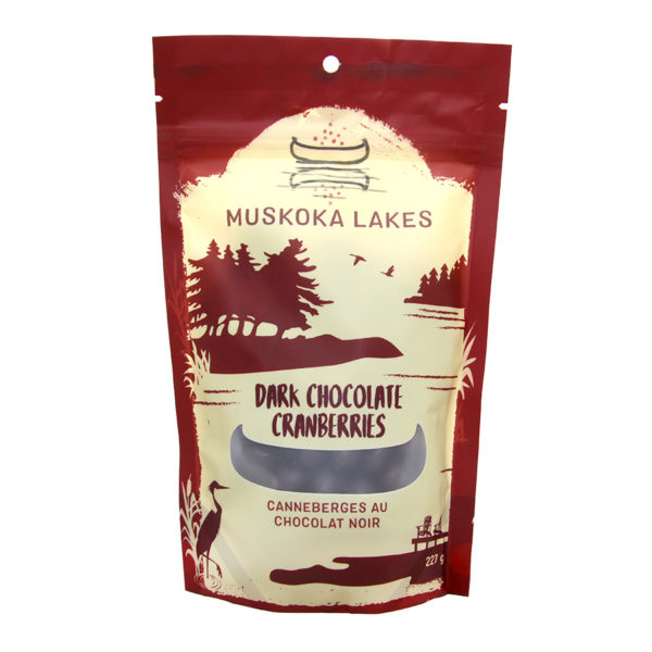 front label of dark chocolate covered dried cranberries