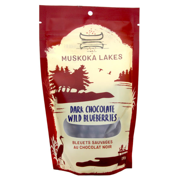 front label of dark chocolate covered dried wild blueberries