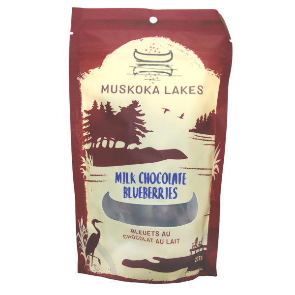 front label of milk chocolate covered dried blueberries
