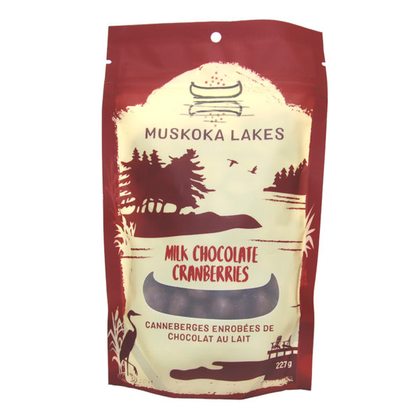 front label of milk chocolate covered dried cranberries
